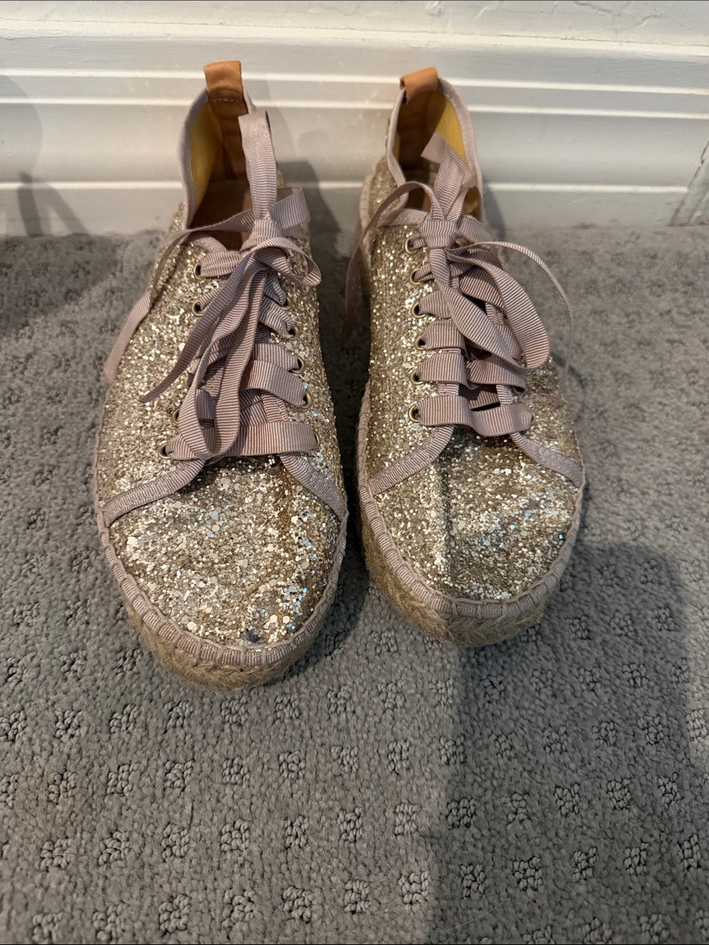 Charles David Glitter Espadrille Lace-Up Sneakers in Gold with Blush Trim